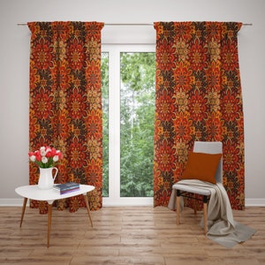 Hippie Floral Boho Window Curtains Retro Orange