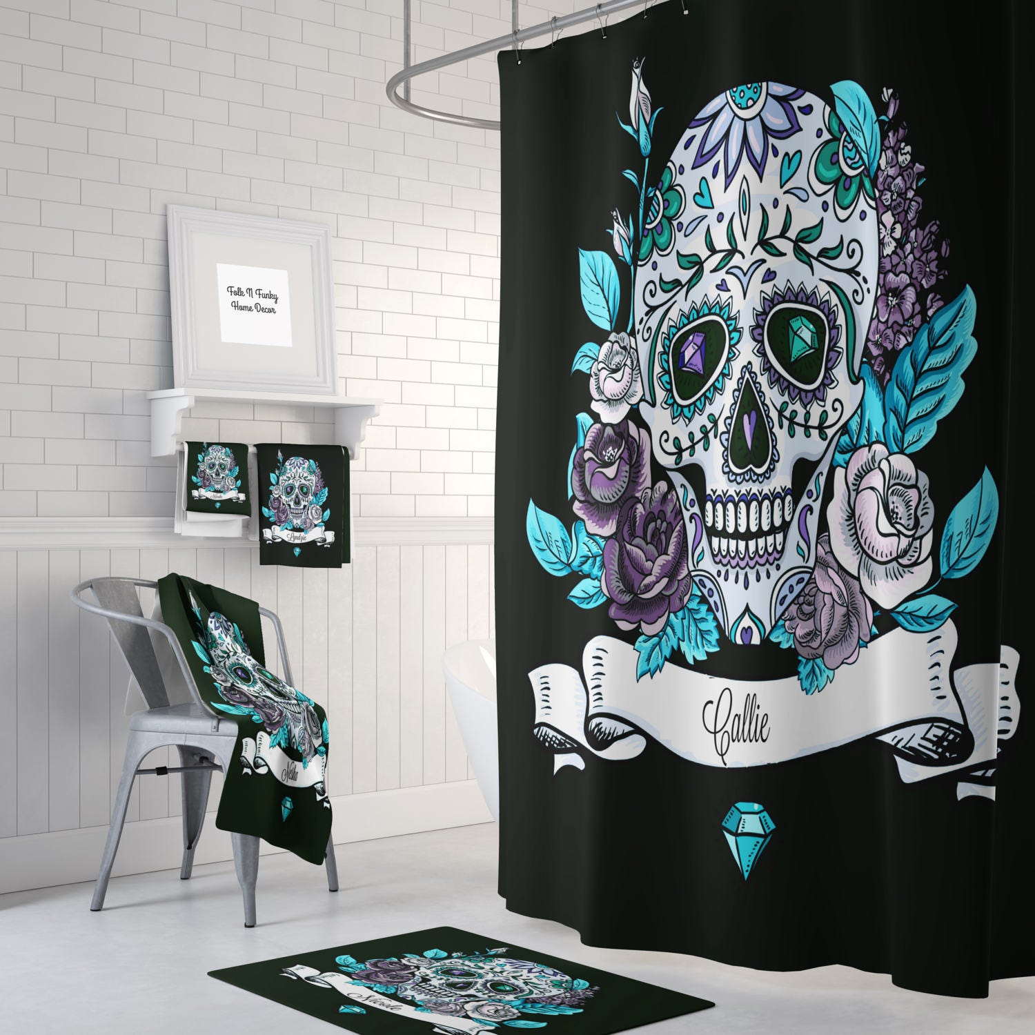 Personalized Sugar Skull Shower Curtain , Bath Mat, Bath ...