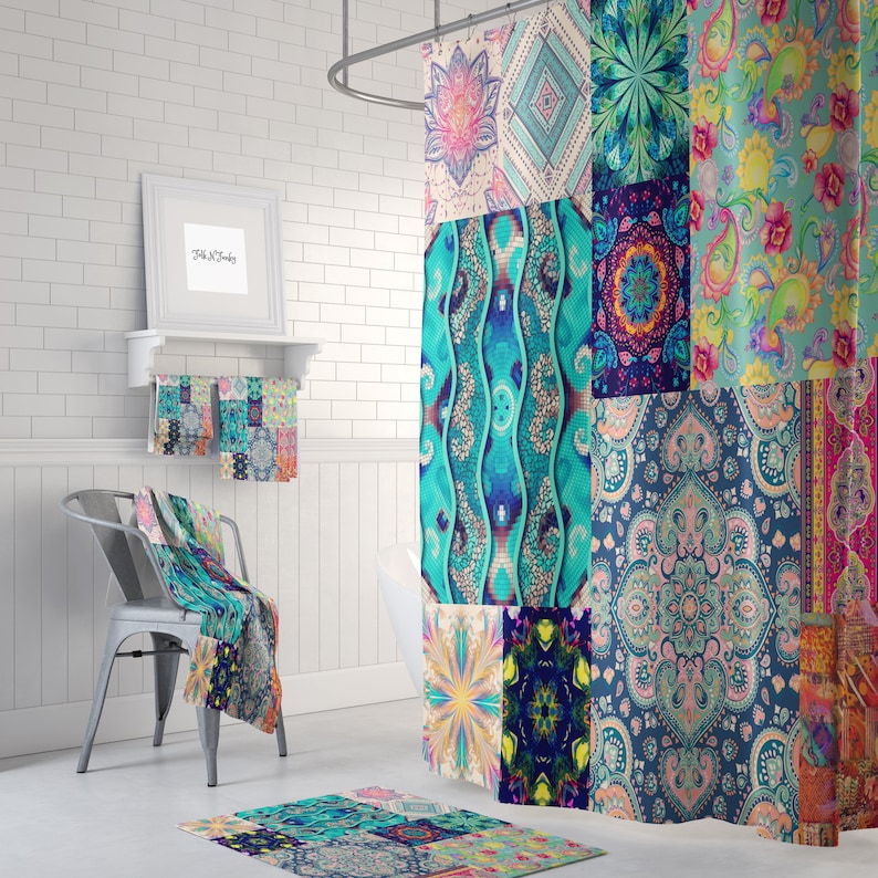 Boho Patterns Patchwork Style Shower Curtain Optional Bath Mat Etsy