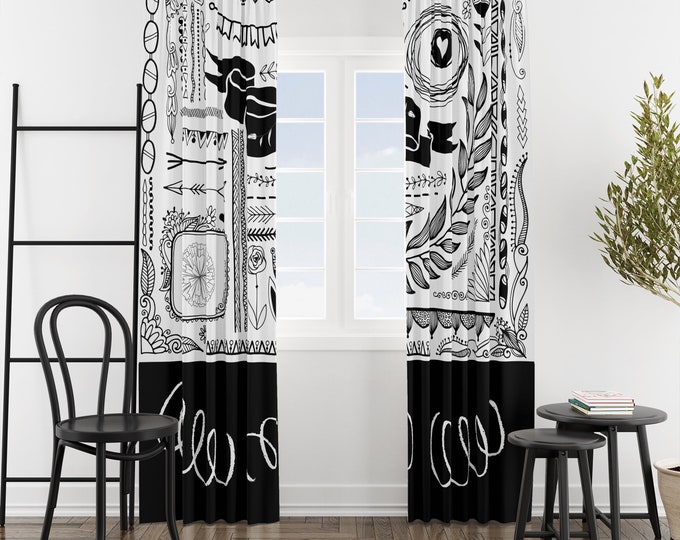 Window Curtains Black and White Doodle Pattern Many Sizes and Custom Sizing