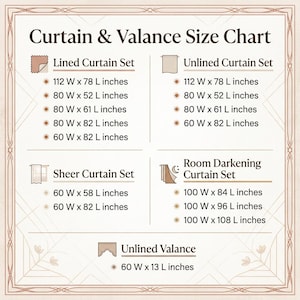 May include: A beige curtain and valance size chart with text. The chart includes measurements in inches for lined, unlined, sheer, and room darkening curtain sets, as well as unlined valances.