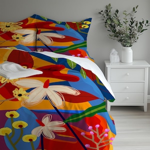 Red Funky Floral Microfiber Comforter and Duvet Cover Options