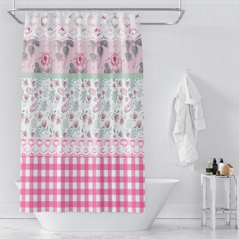 Granny Chic Shower Curtain Pink Floral and Gingham Bathroom Etsy