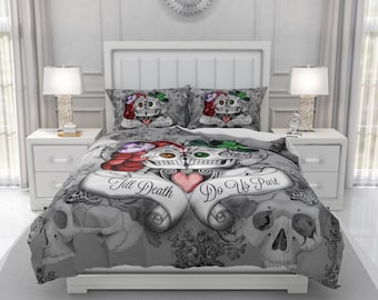 Bedding, Sugar Skull Comforter Set or Duvet Cover "Till Death Do Us Part"