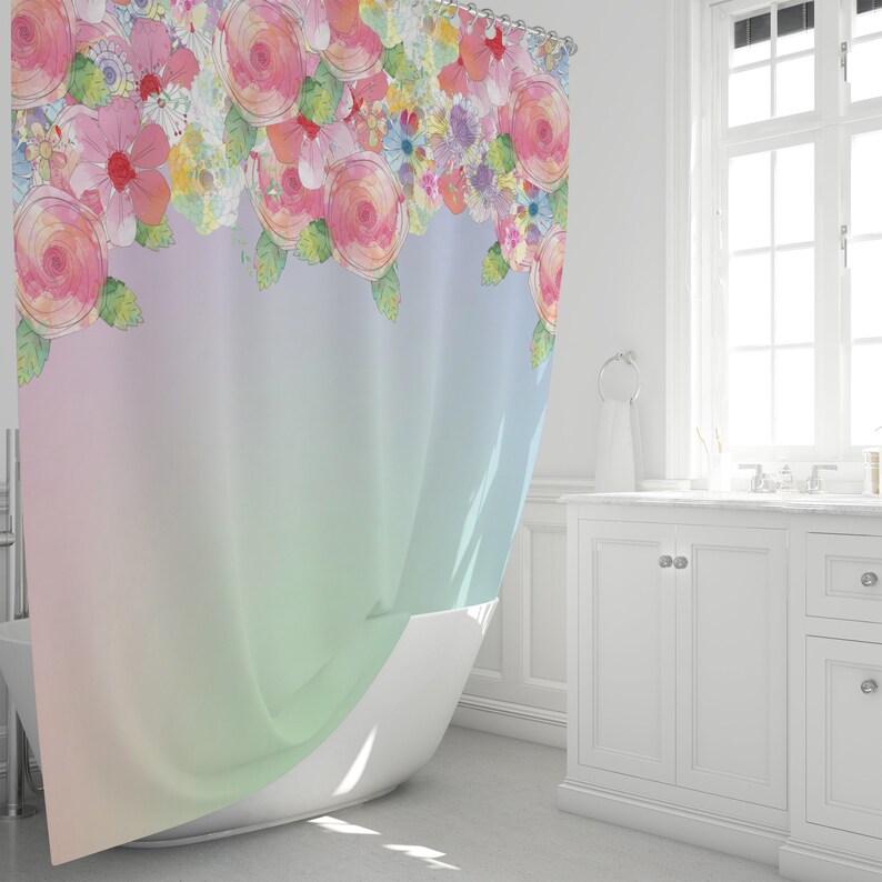 Floral Shower Curtain Gradient Pastel Bathroom Decor Etsy