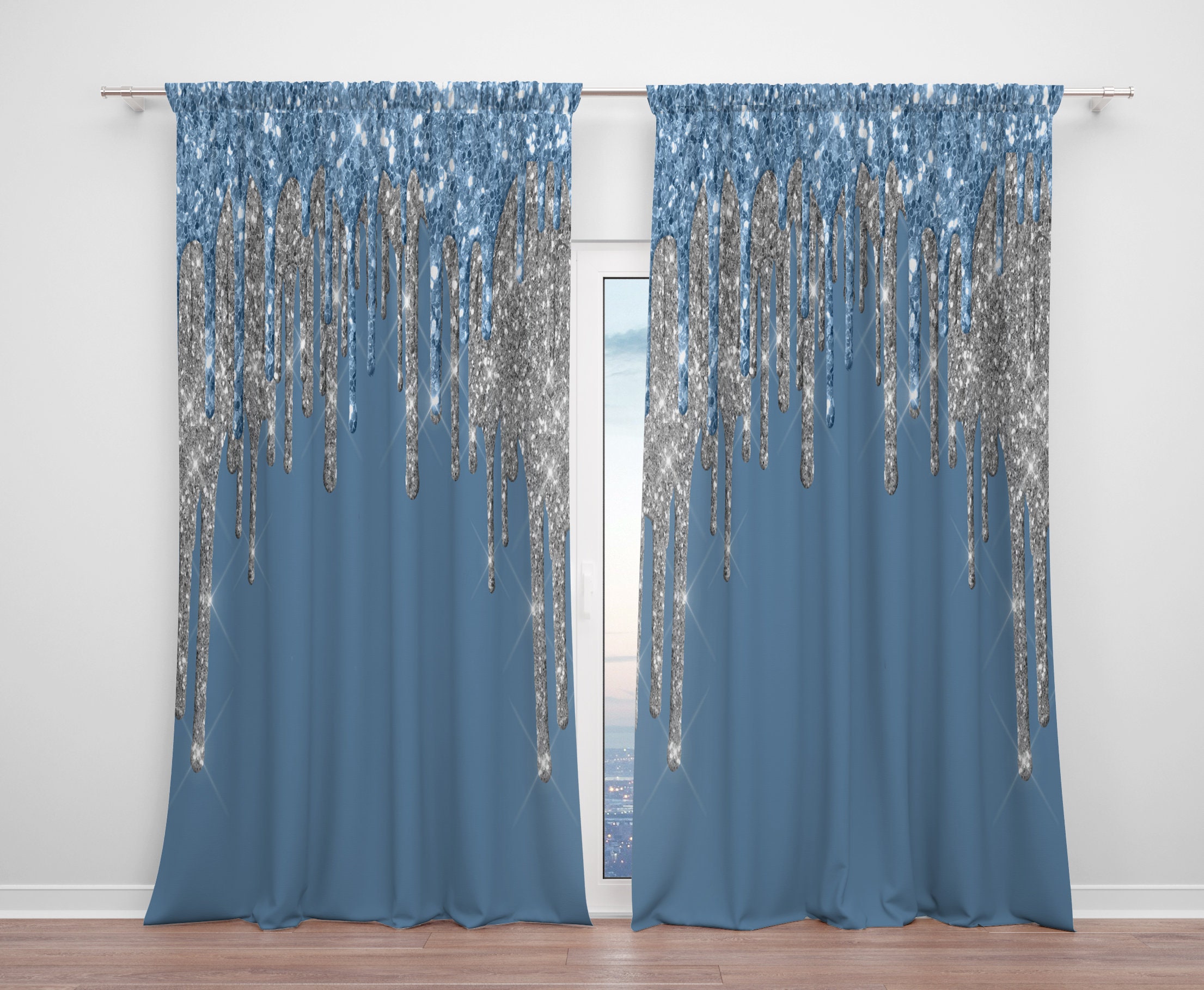 Blue and Silver Window Curtains Boho Chic Sparkle Etsy