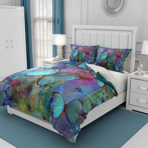 Blue Butterfly Dragonfly Bedding, Comforter, Duvet Cover, Pillow Shams