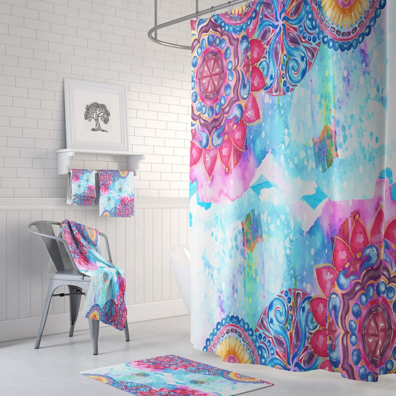 Boho Eclectic Watercolor Bathroom Decor Mandala Shower Etsy