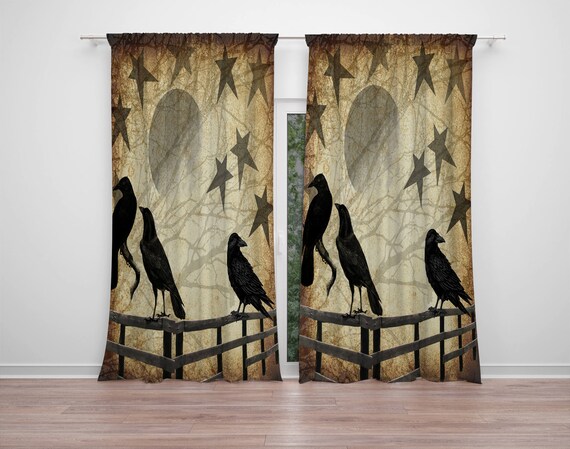Primitive Crow And Stars Window Curtains Rustic Decor Etsy