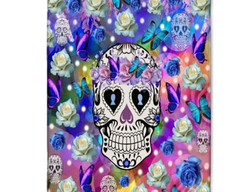 Sugar Skull Fleece Blanket 60" x 80" Blue Roses Butterflies