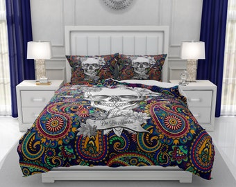 Blue and Red Paisley Skull Comforter or Duvet Cover | Twin, Full, Queen, King Size Skull Bedding