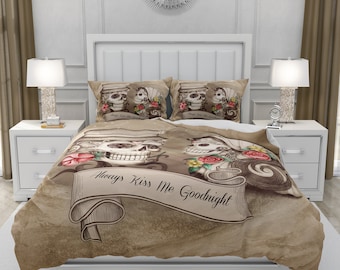 Beige Skull Comforter or Duvet Cover with Pillow Shams | Brown Forevermore Skulls | Twin, Full, Queen, King Size Bedding