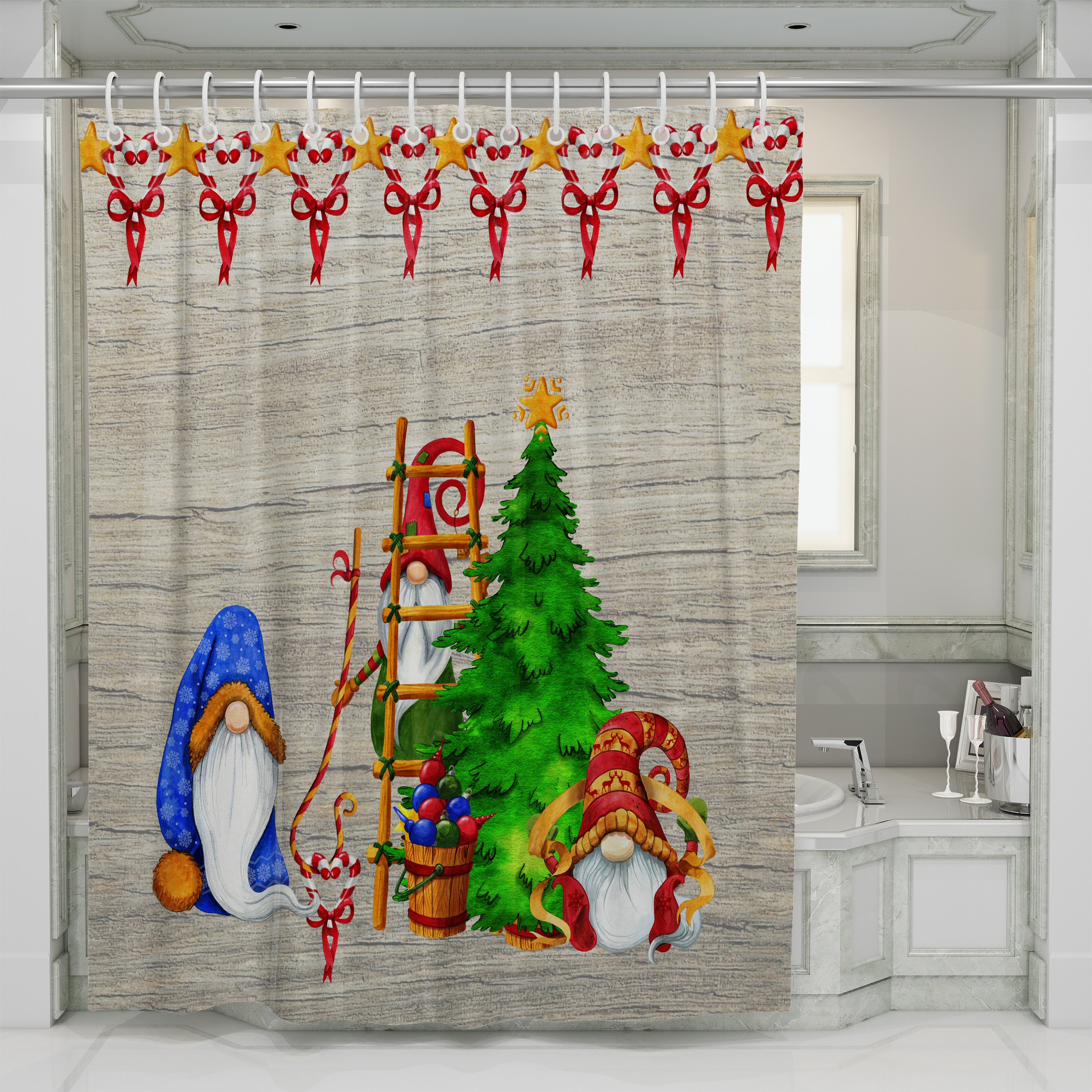 Gnomes Christmas Shower Curtain Elf Bathroom Decor Holiday Etsy
