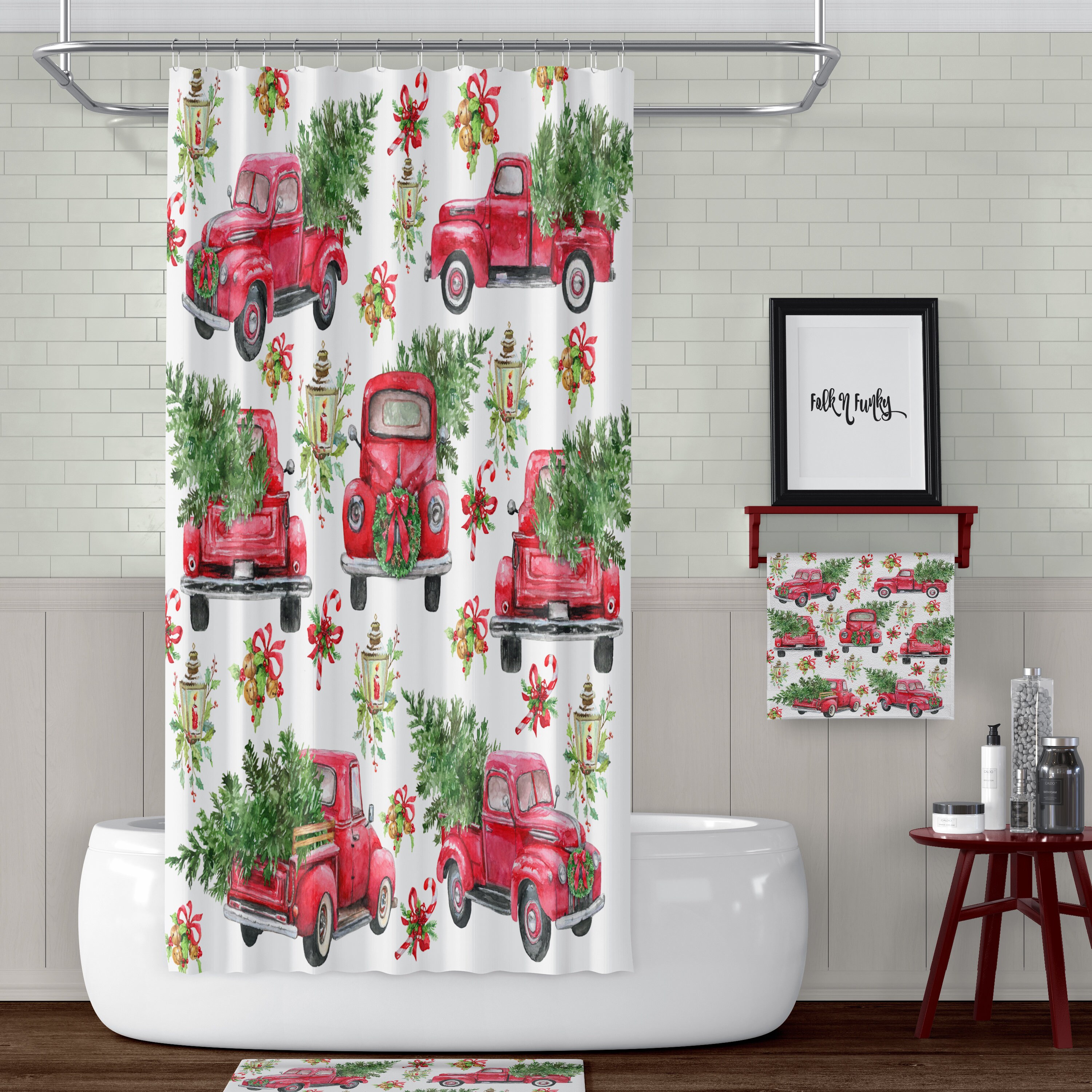 Red Truck Christmas Shower Curtain Holiday Shower Curtain Etsy