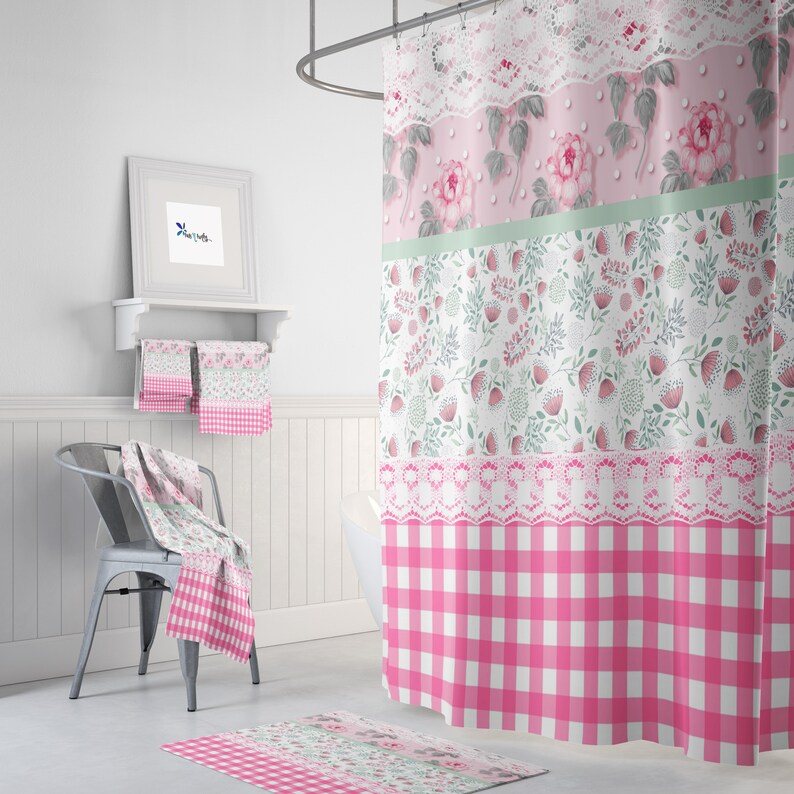Granny Chic Shower Curtain Pink Floral and Gingham Bathroom - Etsy