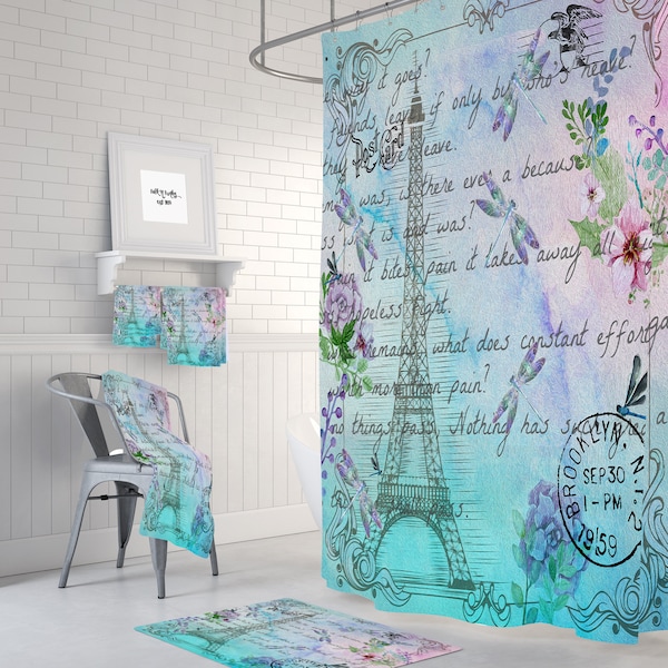 Watercolor Paris Shower Curtain, Bath Towels, Bath Mat Optional  Eiffel Tower Post Card, Dragonfly Floral