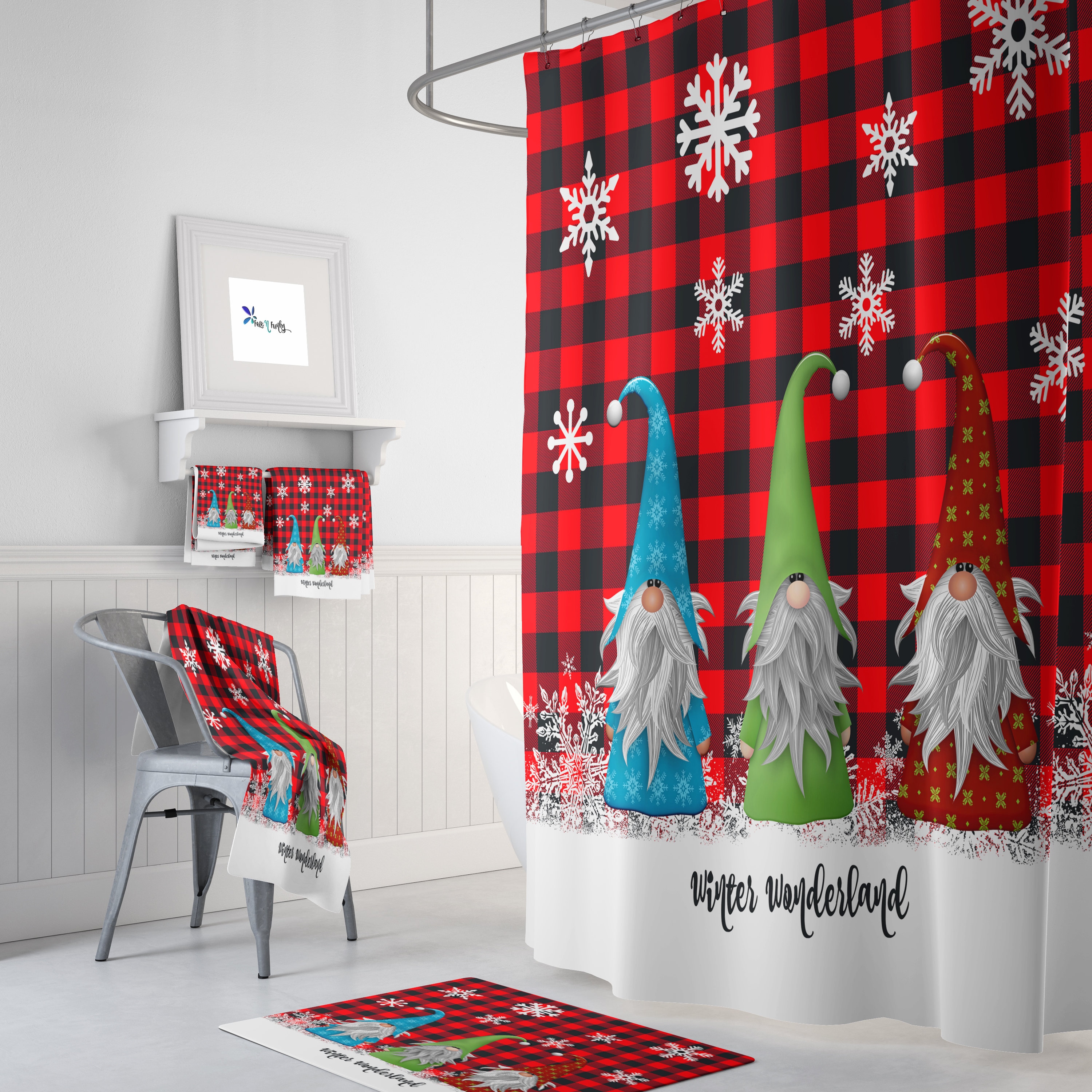 Christmas Shower Curtain , Christmas Gnomes, Buffalo Plaid