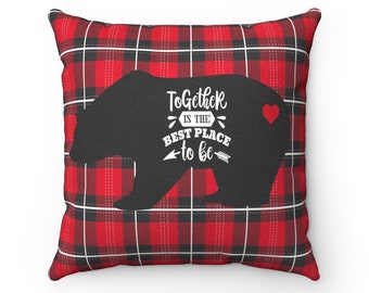 Red Plaid Throw Pillow, Rustic Bear, Together is the Best Place