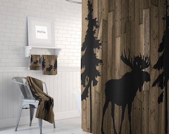 Rustic Moose Shower Curtain Set: Woodland Bath Decor