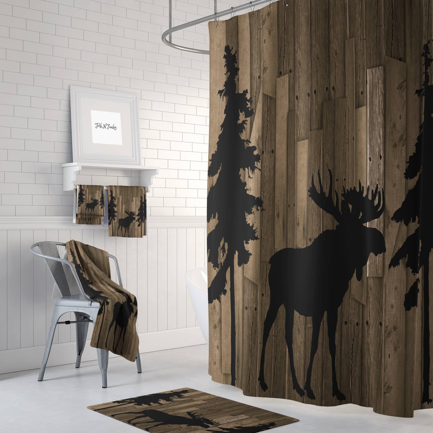 Rustic Woodland Moose Trees Faux Wood Shower Curtain Bath Etsy Australia