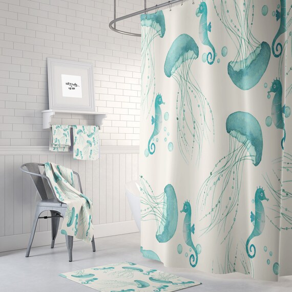 Shower Curtain Beach Theme Nautical Watercolor Jelly Etsy
