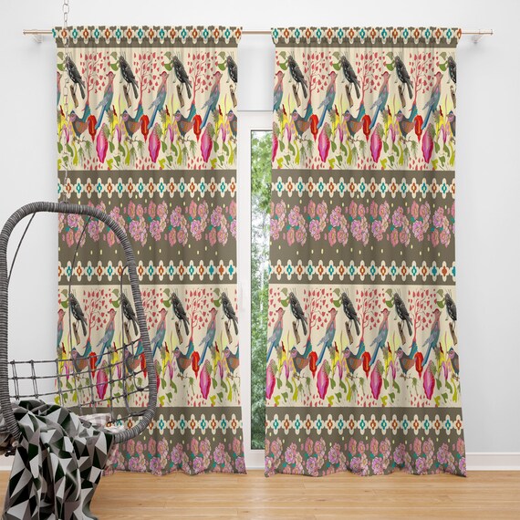 Boho Bird Pattern Window Curtains Hippie Chic Etsy