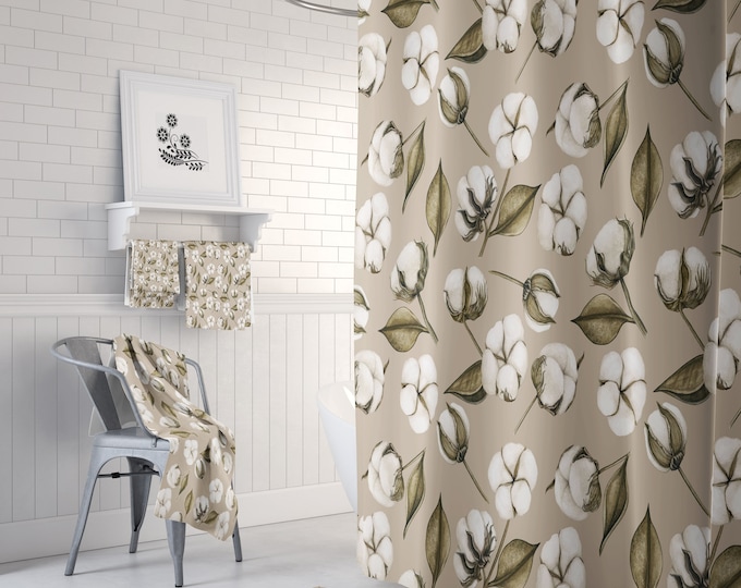 Cotton Boll Farmhouse Shower Curtain, Optional Towels and Bath Mat