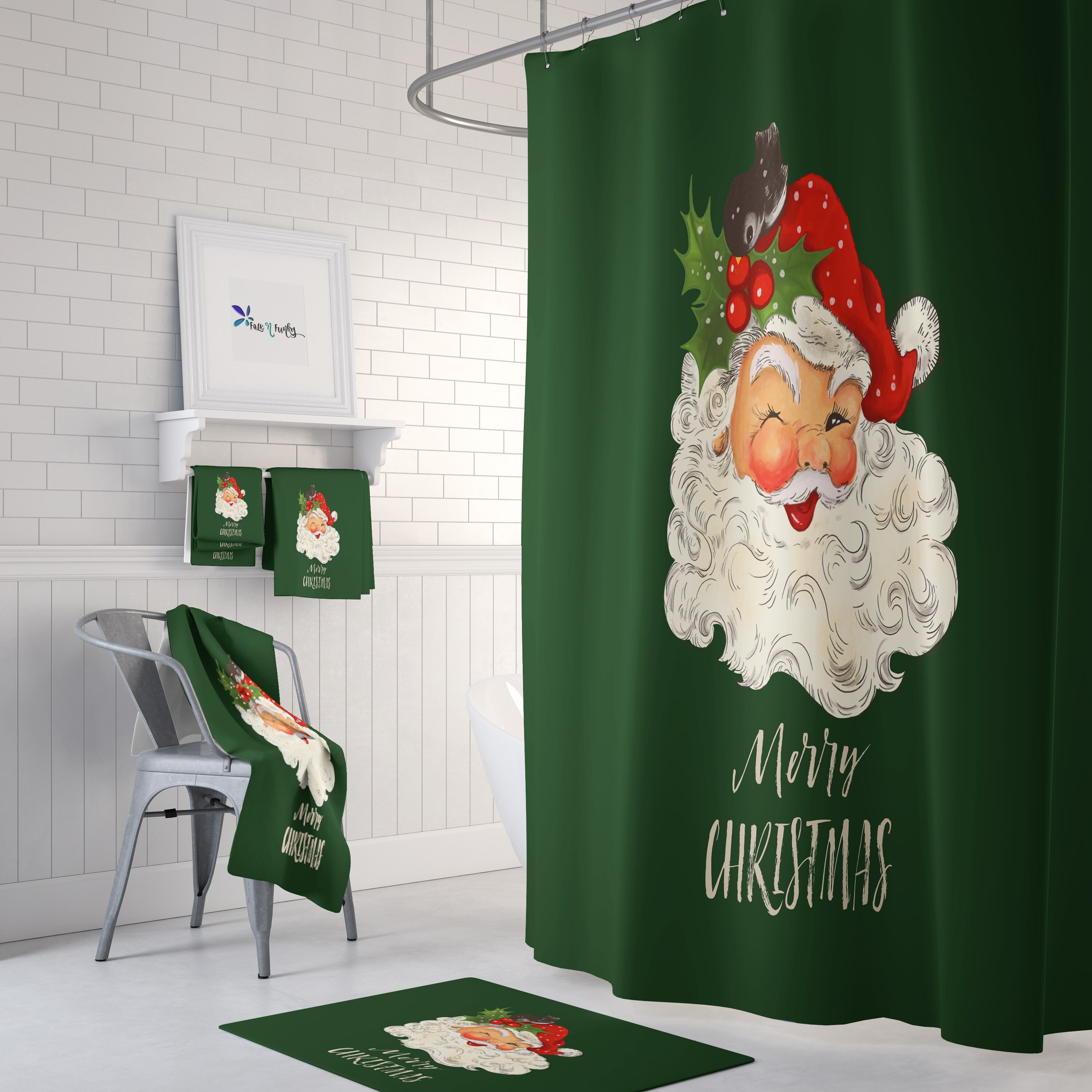 Vintage Santa Shower Curtain Holiday Shower Curtain Christmas Bathroom Decor Etsy UK