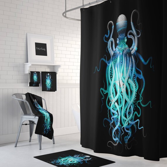 Black and Blue Octopus Shower Curtain Etsy UK