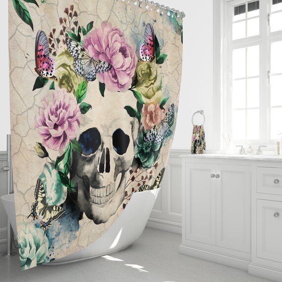 Sugar Skull Shower Curtain Erfly Fl Vintage Inspired Sugar Skull Shower Curtain Erfly, Sugar Skull Shower Curtain