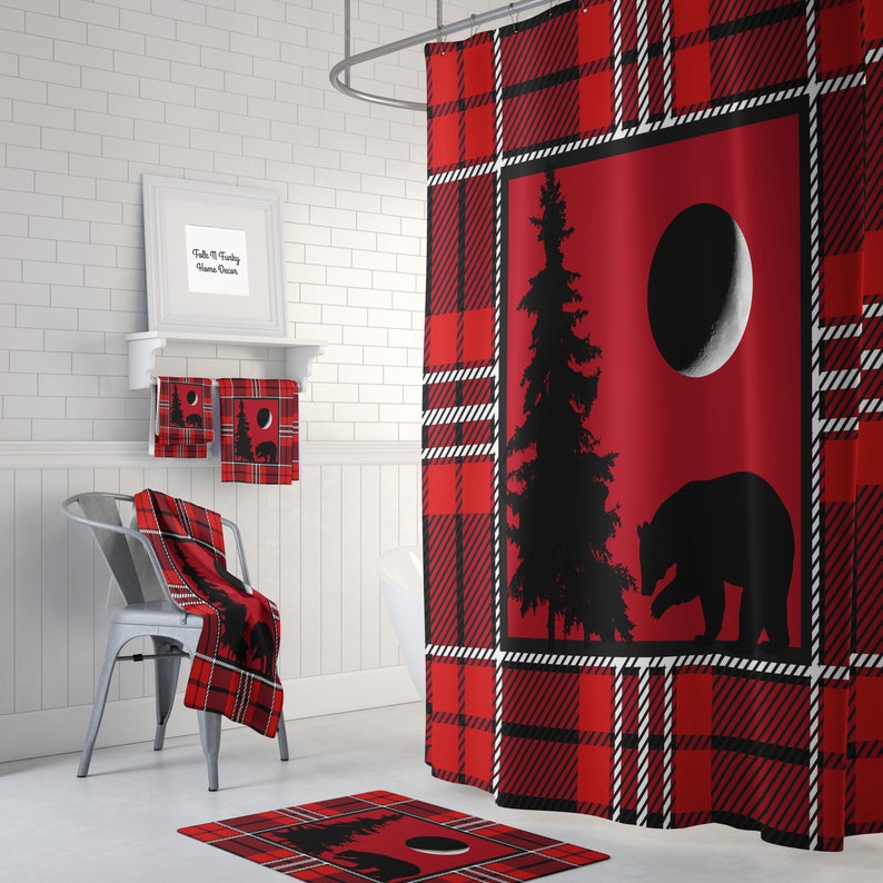 Woodland Red Plaid Shower Curtain Optional Bath Mat Bathroom Etsy