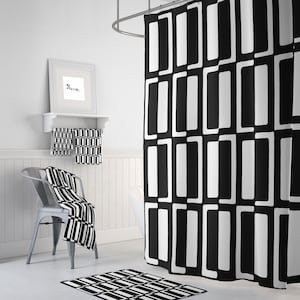 Mid Century Modern Shower Curtain, Bath Towels, Bath Mat, Bathroom Sets, Black and White