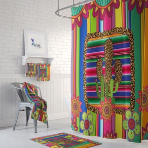 Southwest Serape Cactus Shower Curtain Optional Bath Mat and Towels,