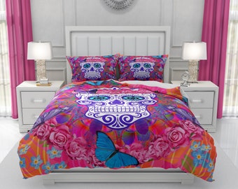 Sugar Skull Bedding, Comforter or Duvet Cover Set  Day Of The Dead Decor Twin, Full, Queen, King Size