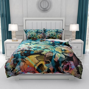 Colorful Calavera Skull Comforter or Duvet Cover with Pillow Shams | Twin, Full, Queen, King Size | Green, Blue, Skull Bedding