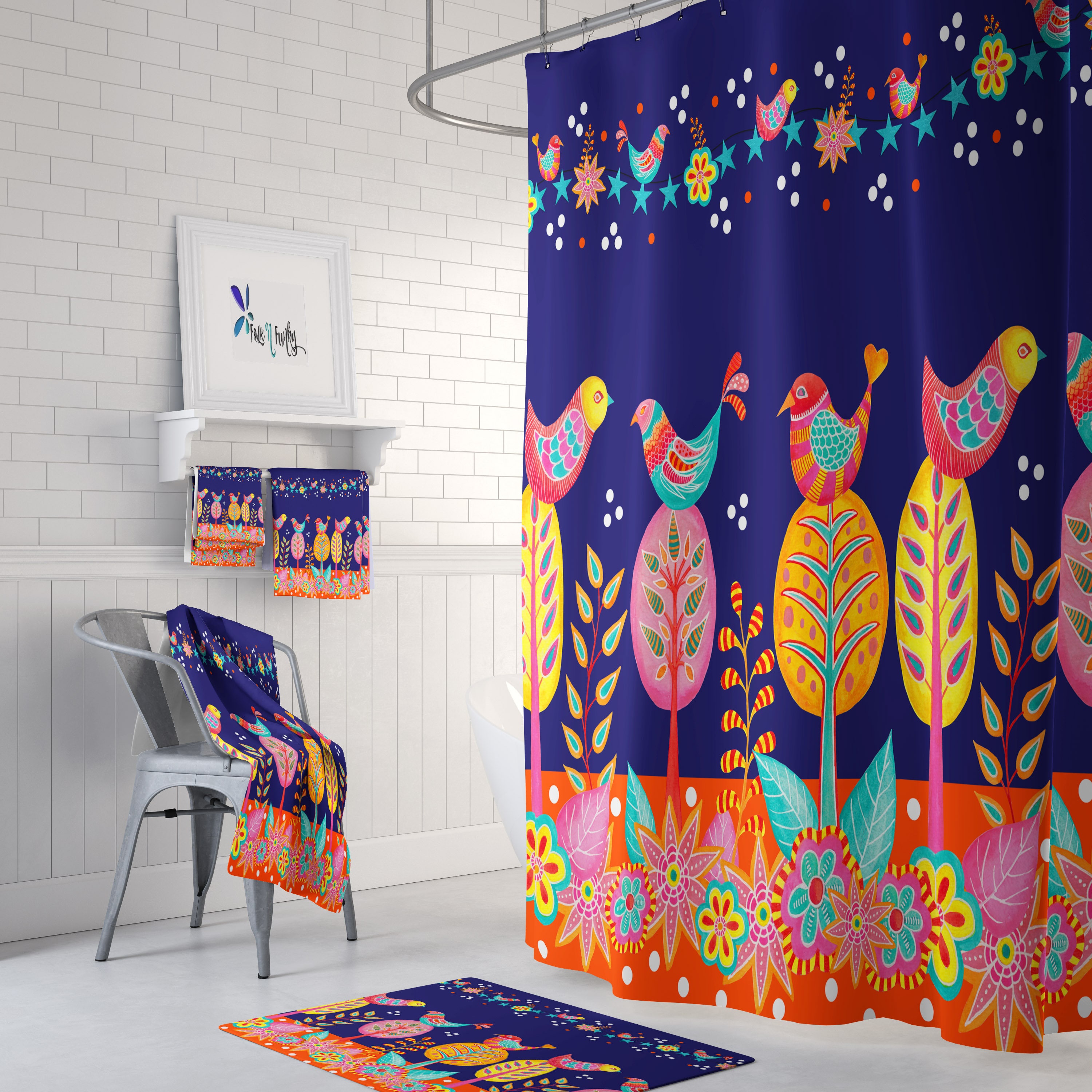 Bird Shower Curtain Colorful Folk Art Bathroom Decor
