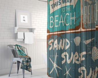 Beach Shower Curtain Rustic Sign Faux Wood, Optional Bath Mat, Bath Towels