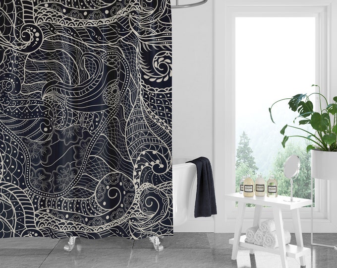 Black Doodle Abstract Shower Curtain Optional Towels and Mat