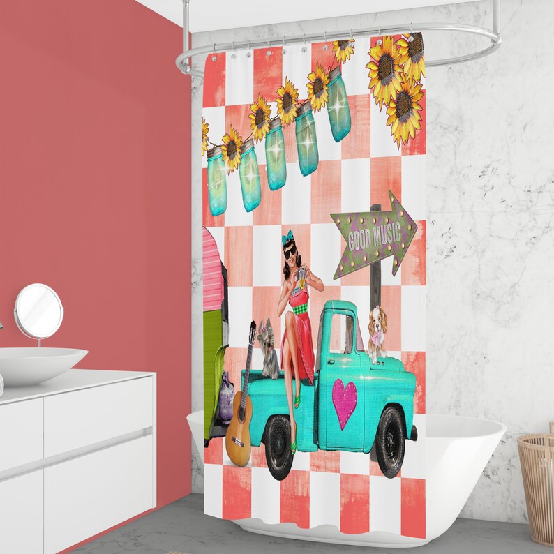 Retro Girl Shower Curtain Retro Collage Optional Bath Etsy