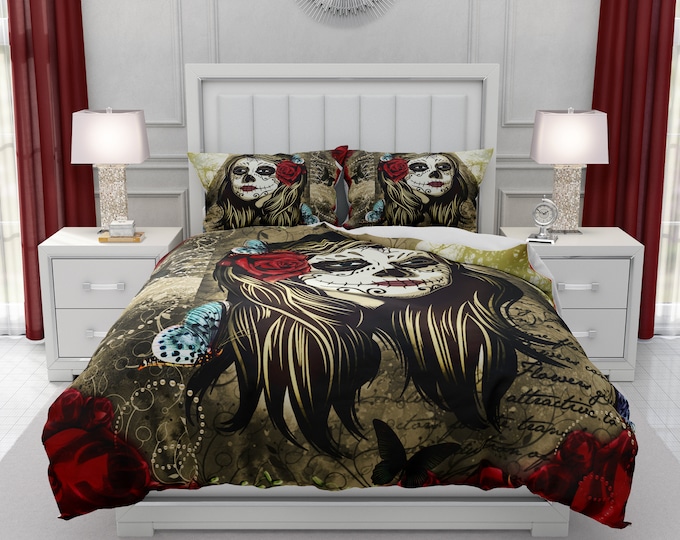 Sugar Skull Comforter or Duvet Cover with Pillow Shams | Twin, Full, Queen, King Size | Red Rose Sugar Skull "La Rosa"
