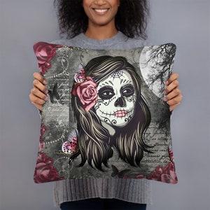 Sugar Skull Pillow , Throw Pillows, Skulls, La Rosa Girl Skull afbeelding 1