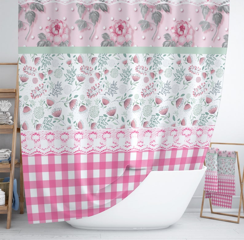 Granny Chic Shower Curtain Pink Floral and Gingham Bathroom - Etsy