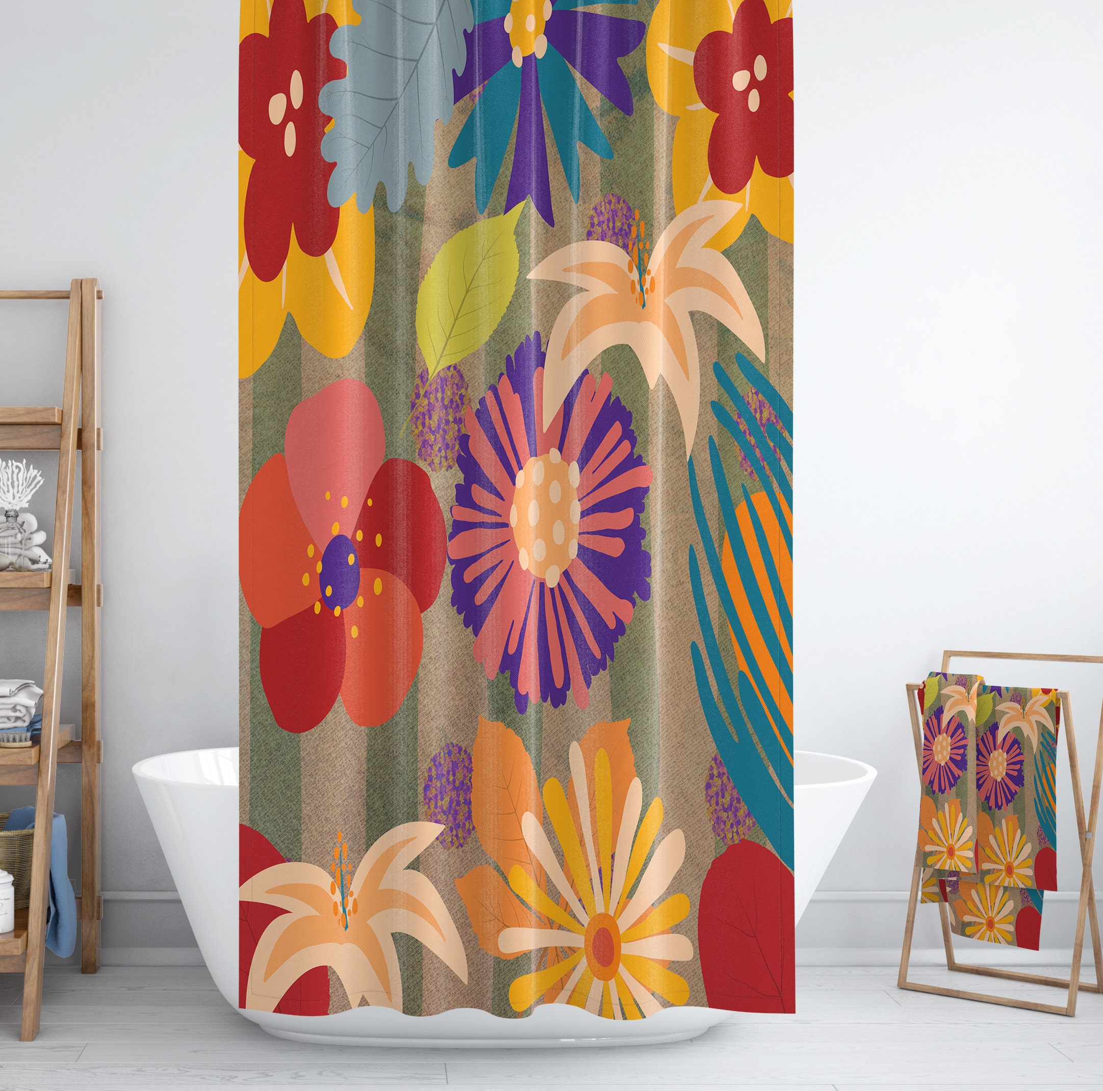 Shower Curtain Bathroom Decor Hippie Bouquet Etsy