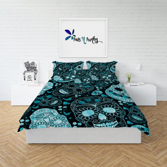 Neon Teal Sugar Skull Comforter Or Duvet Cover With Pillow Etsy