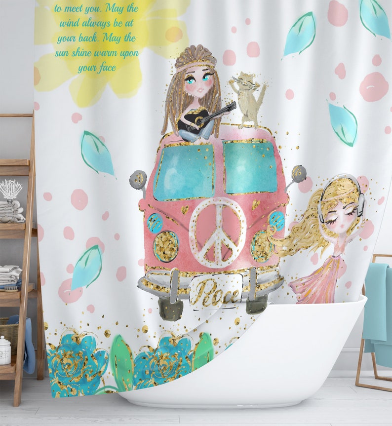 Boho Shower Curtain Hippie Chic Blessing Retro Van Bath Etsy