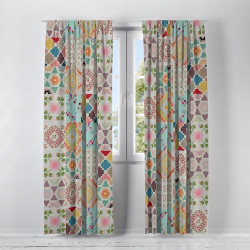Boho Quilt Pattern Window Curtains Farmhouse Chic Curtain Etsy