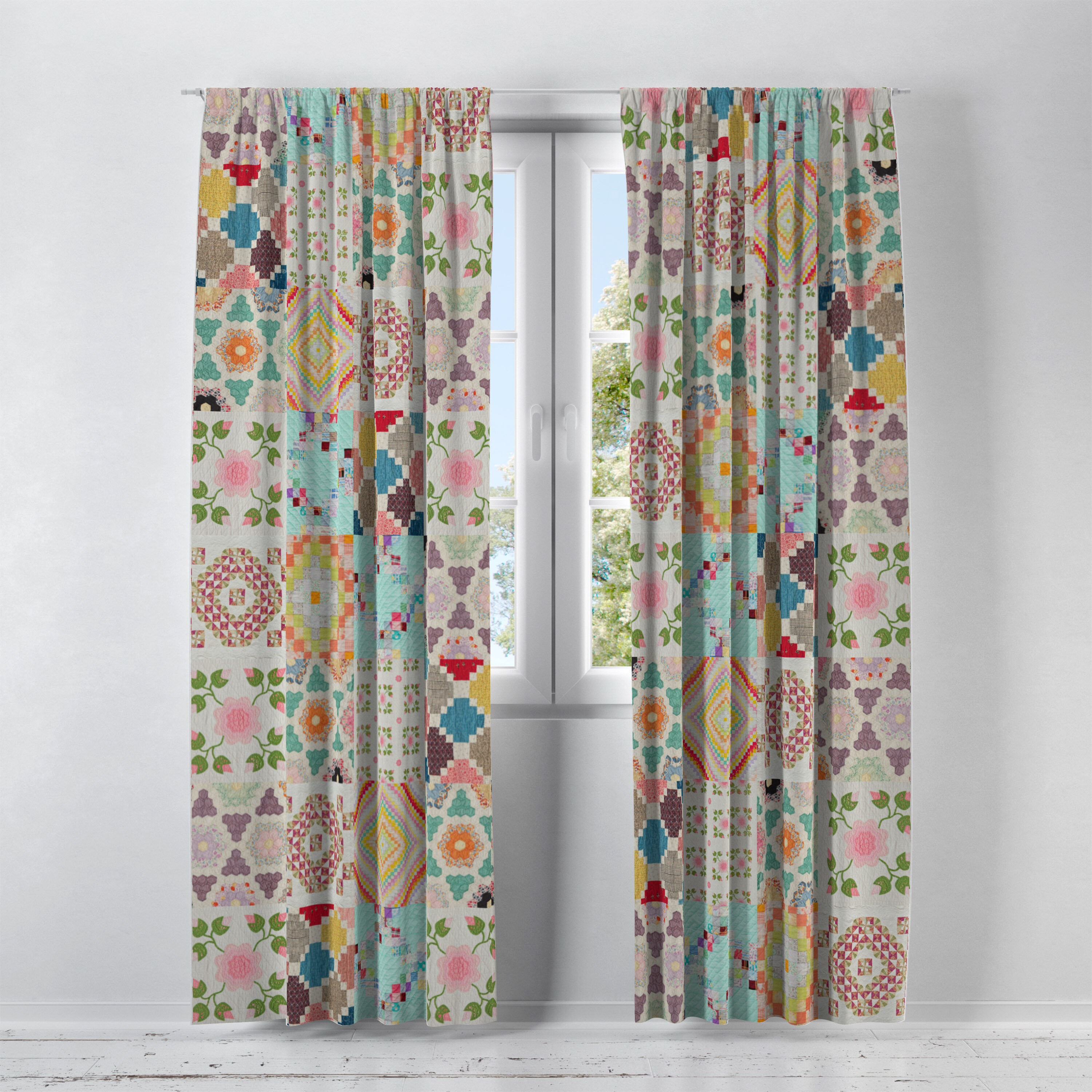 Boho Quilt Pattern Window Curtains , Farmhouse Chic ...