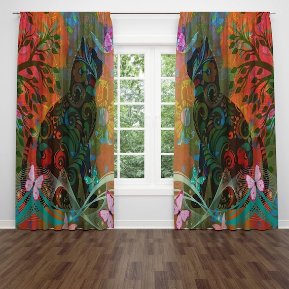 Boho Cat Window Curtains Funky Curtain Panels Abstract Etsy