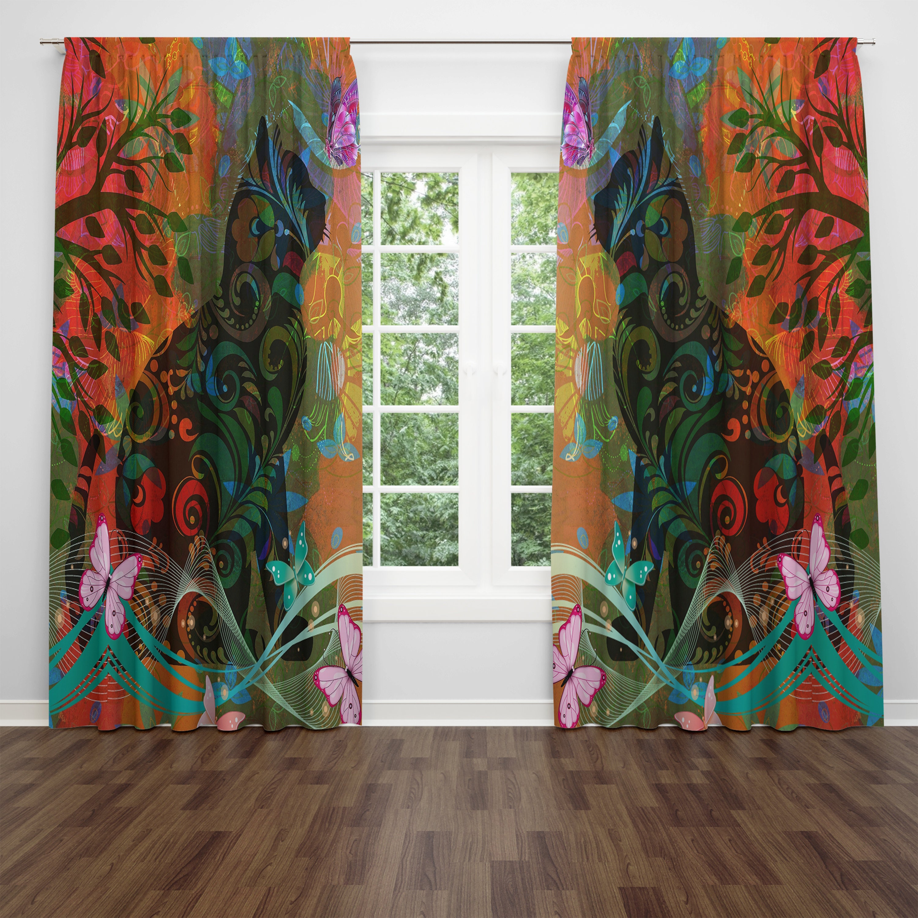 Boho Cat Window Curtains Funky Curtain Panels Abstract Drapes