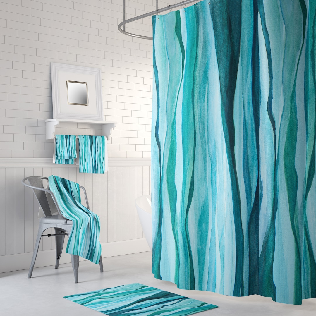 Watercolor Aqua Shower Curtain With Optional Towels and Bath Mat Etsy UK